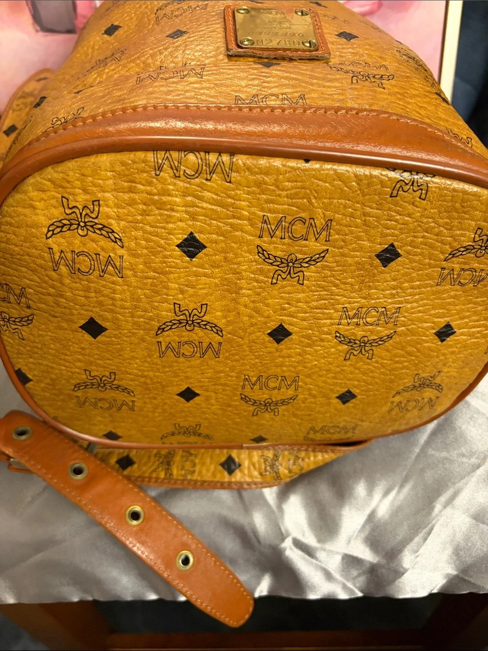 MCM Cognac Visetos Monogram Drawstring Crossbody Bucket Bag - Picture 3 of 7